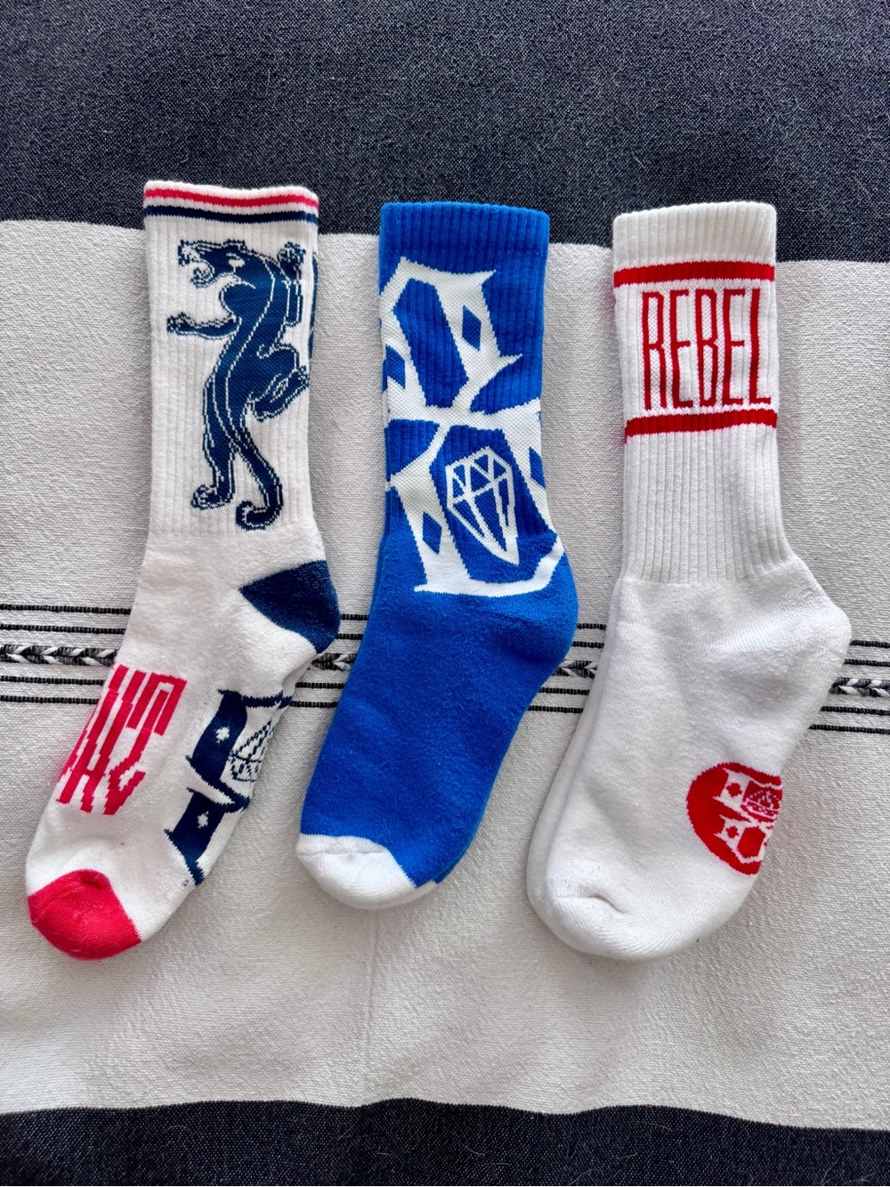 Rebel8 Men's Athletic Crew Socks - Pack of 3 (White, Blue, Red Accents)